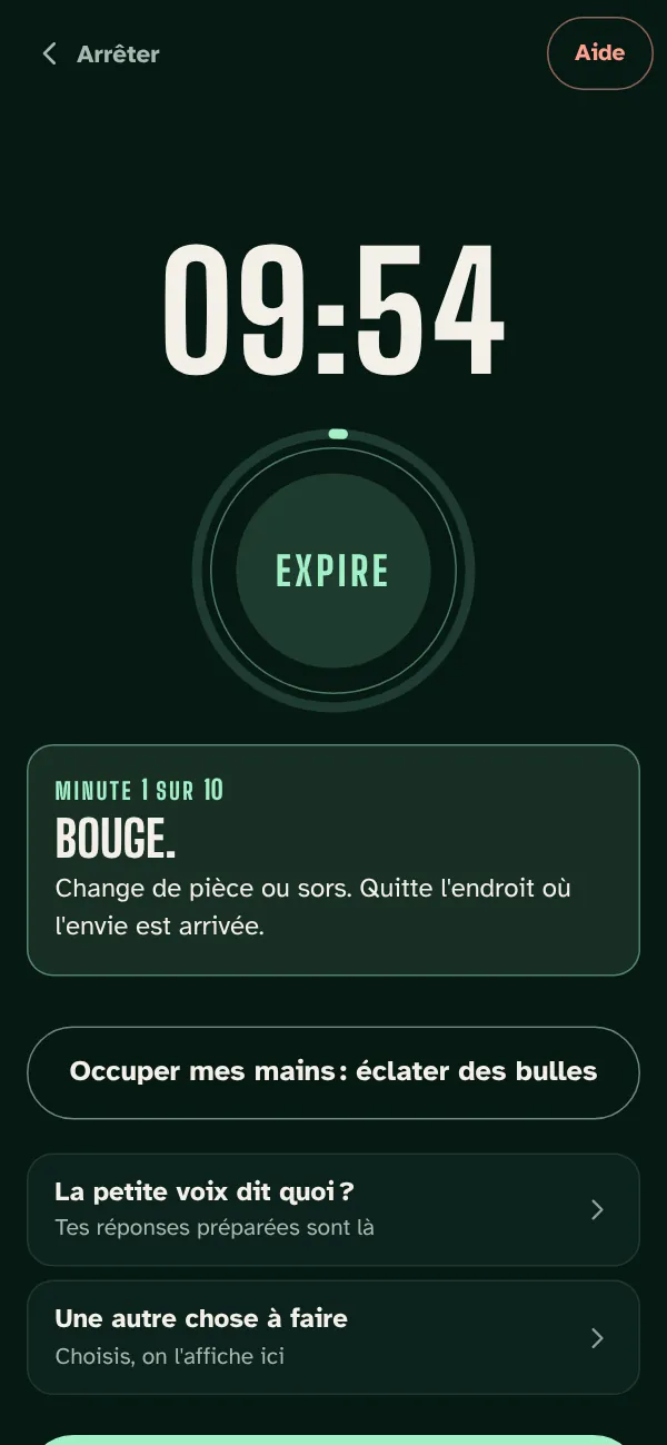 Écran du minuteur de 10 minutes dans l'app 30 JOURS